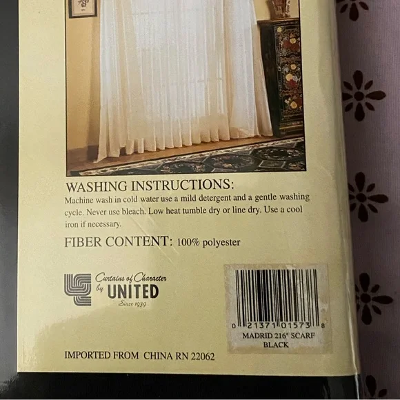 NWOT black window scarf sheer VO I LE style 603 Madrid 59” x 216” - Picture 2 of 4